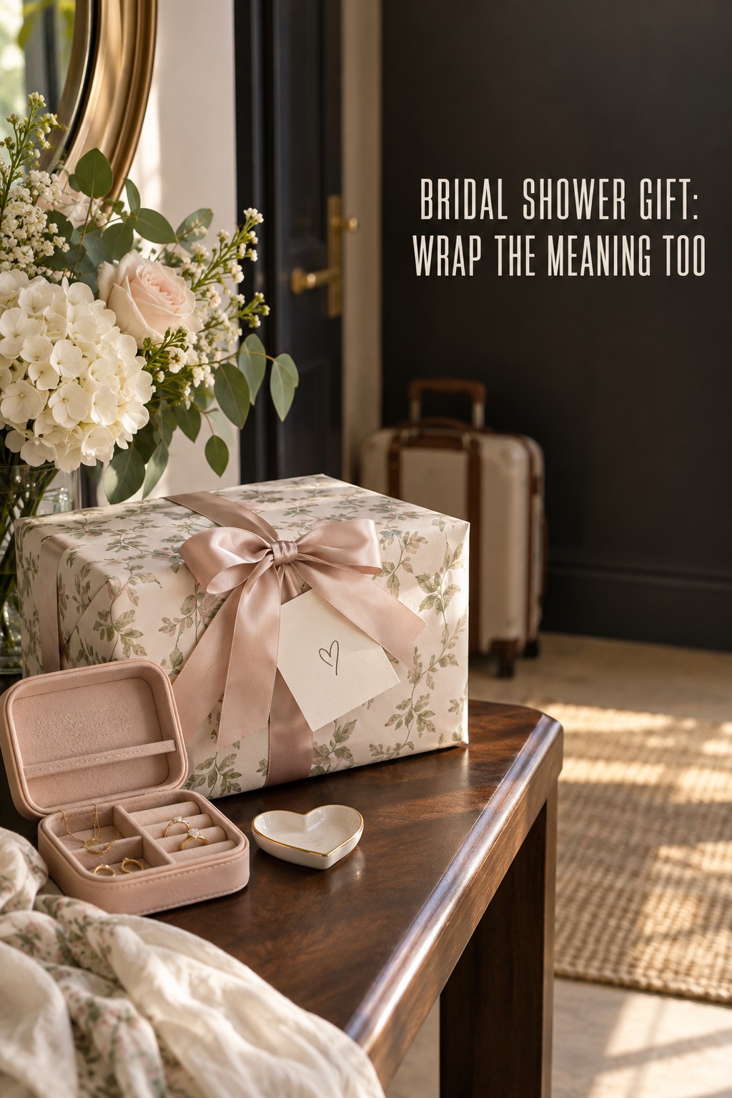 Bridal shower gift wrapped with card, jewelry case, flowers, and travel details
