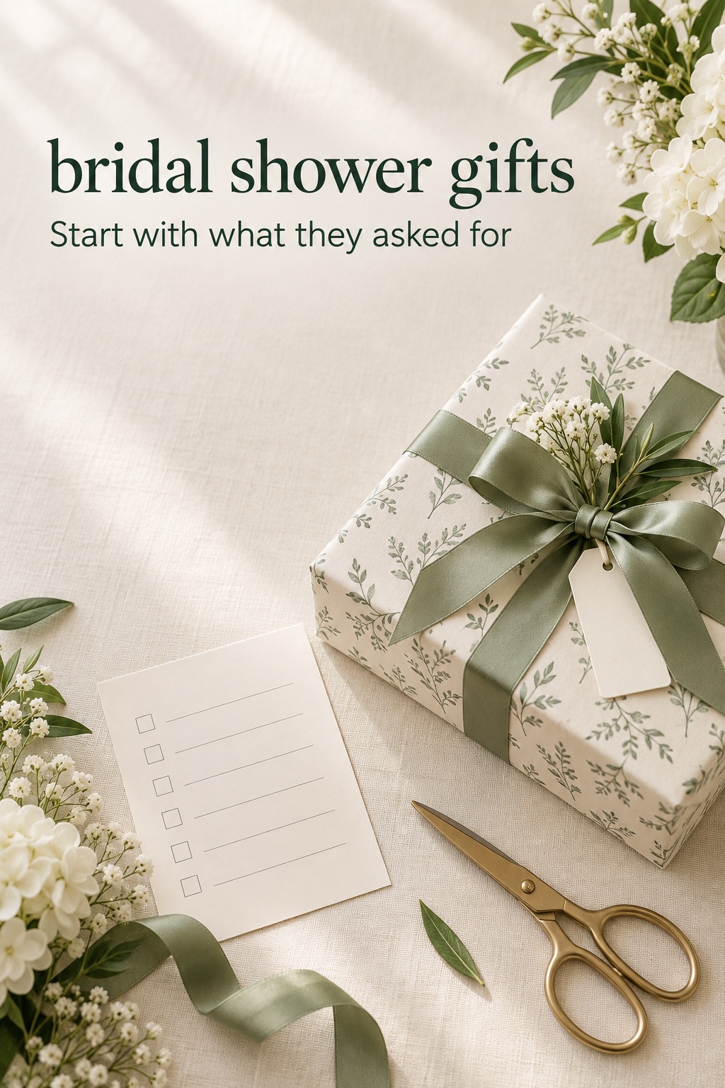 Bridal shower gifts with a registry checklist beside an elegant wrapped present