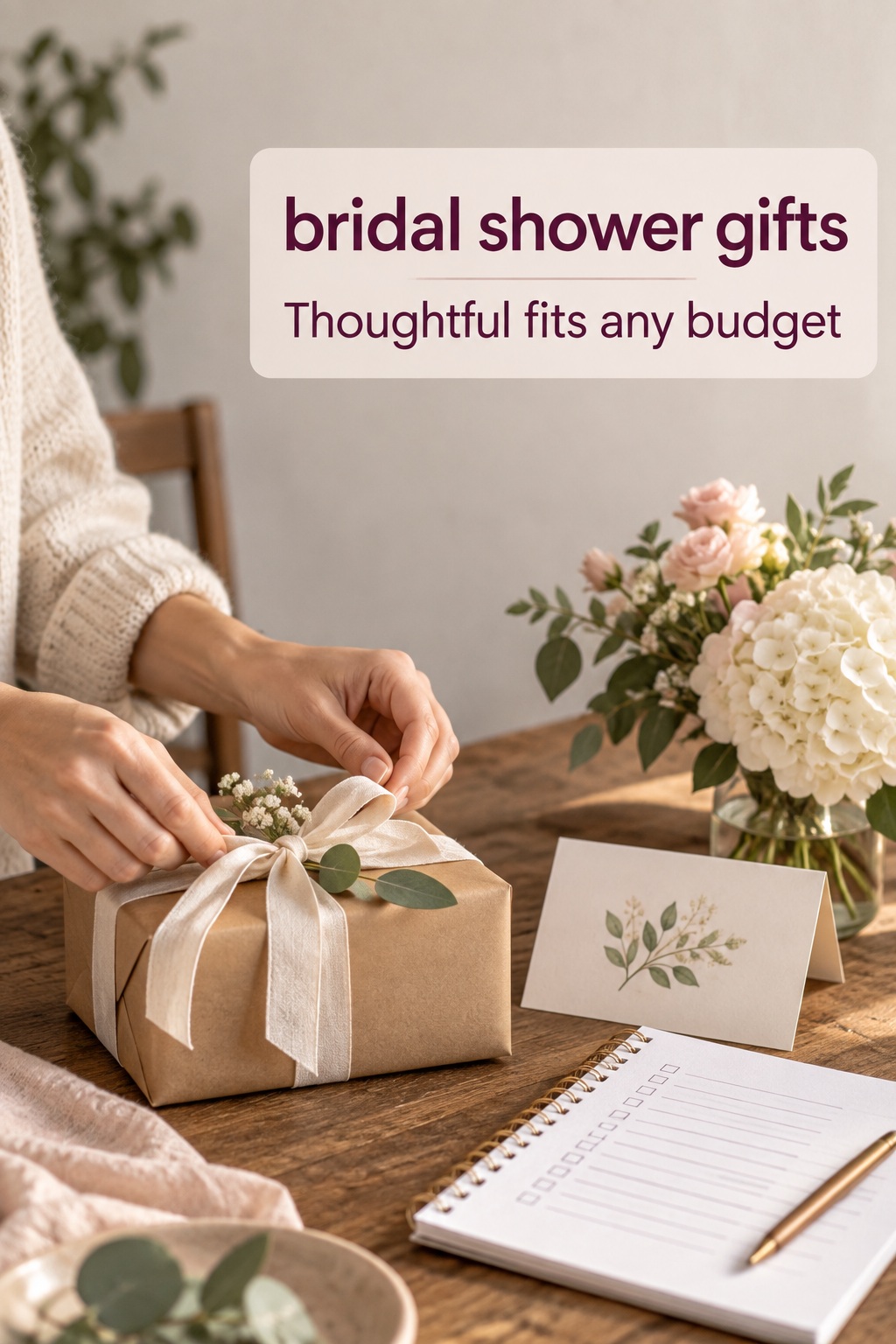 Bridal shower gifts chosen with a handwritten card and modest budget in mind