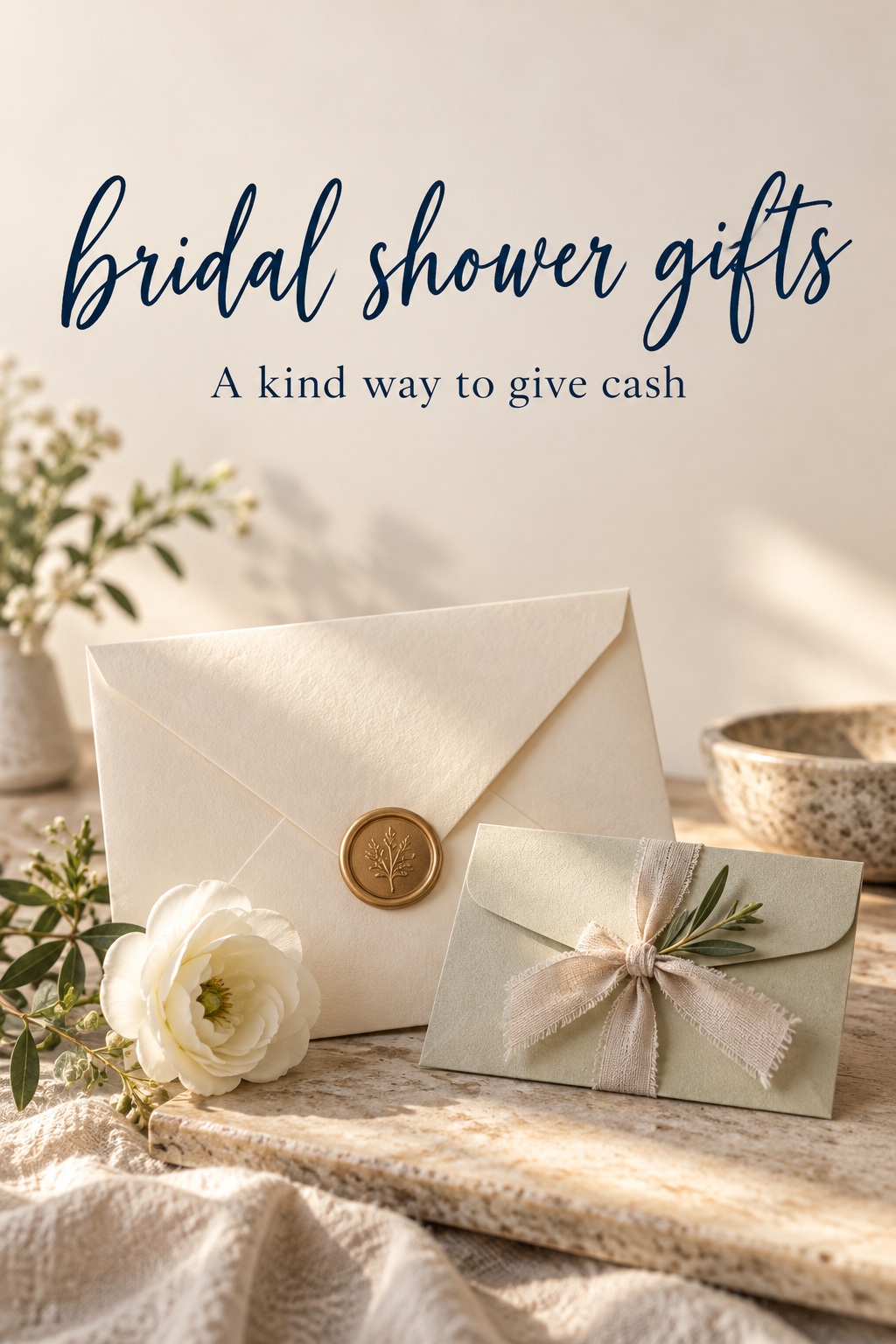 Bridal shower gifts include a gracious cash contribution with a handwritten card
