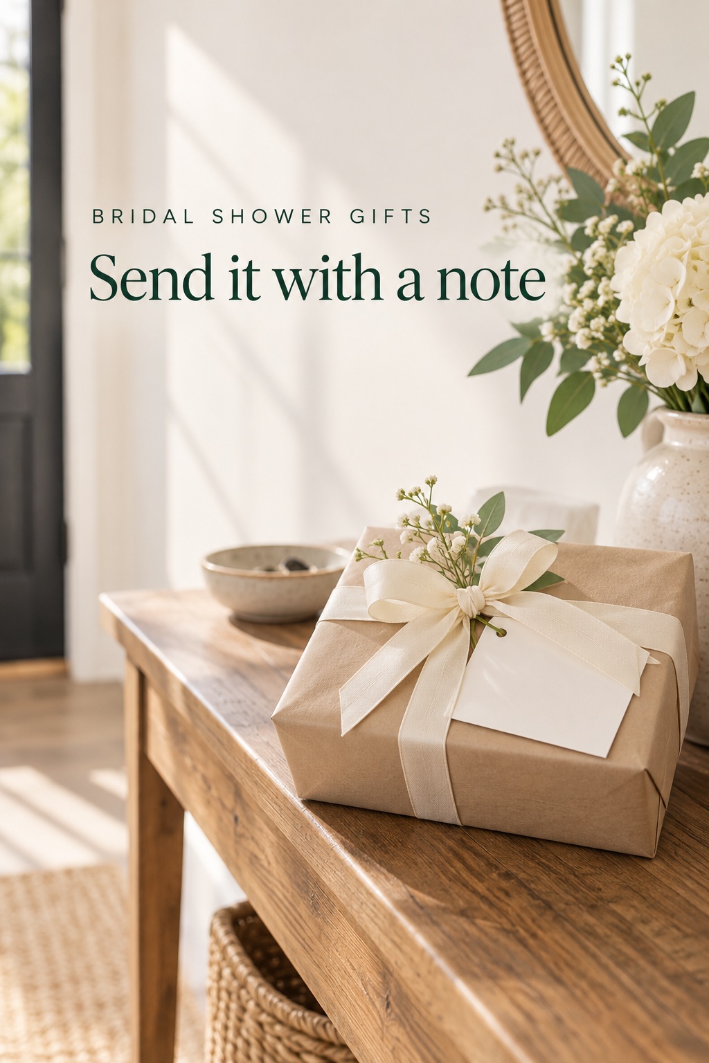 Bridal shower gifts prepared for delivery with a card and neat ribbon