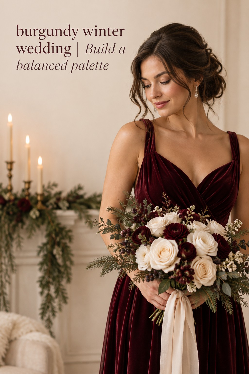 burgundy winter wedding bridesmaid dress and cream bouquet
