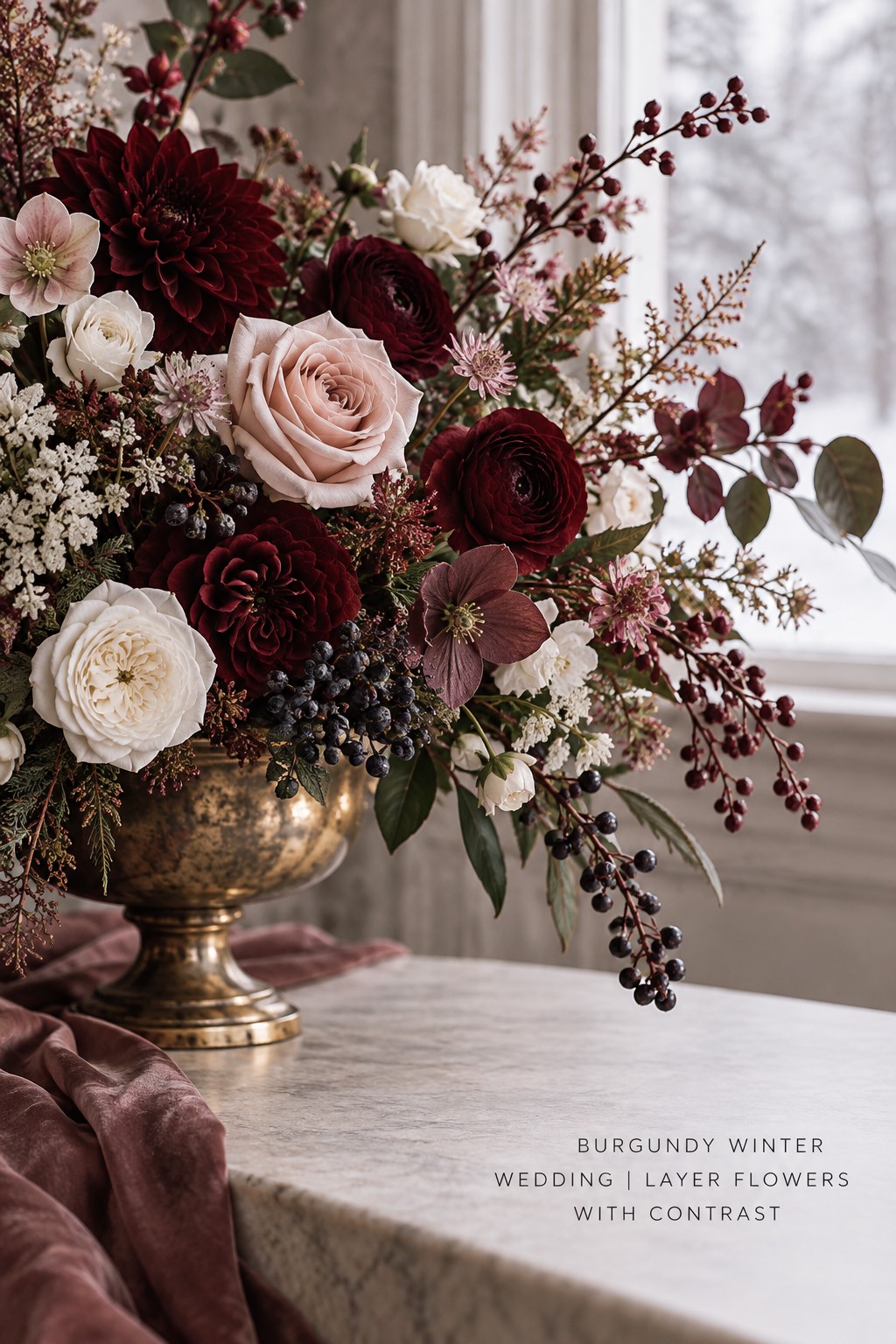 burgundy winter wedding flowers with blush and cream blooms