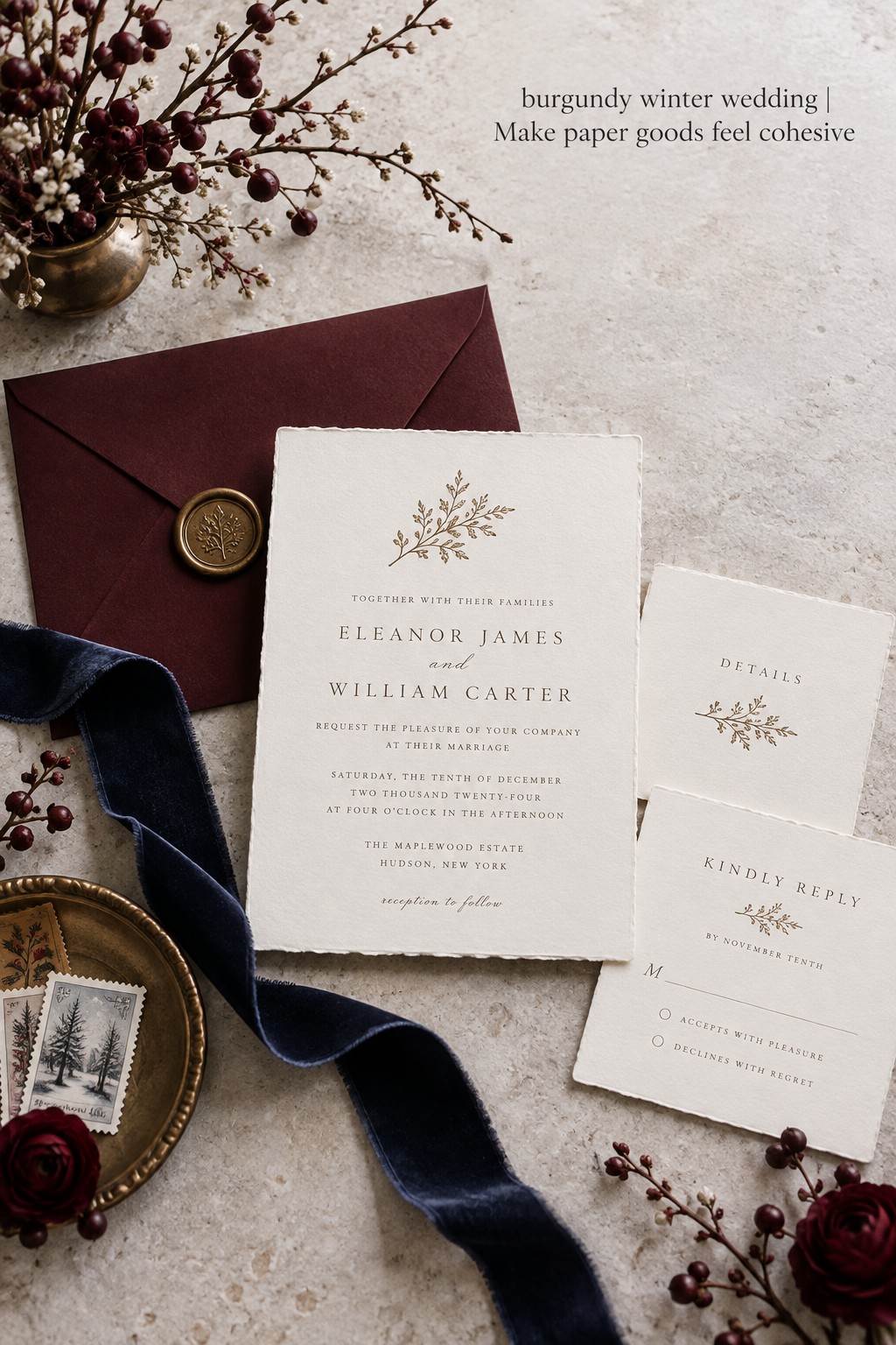 burgundy winter wedding invitation suite with navy ribbon