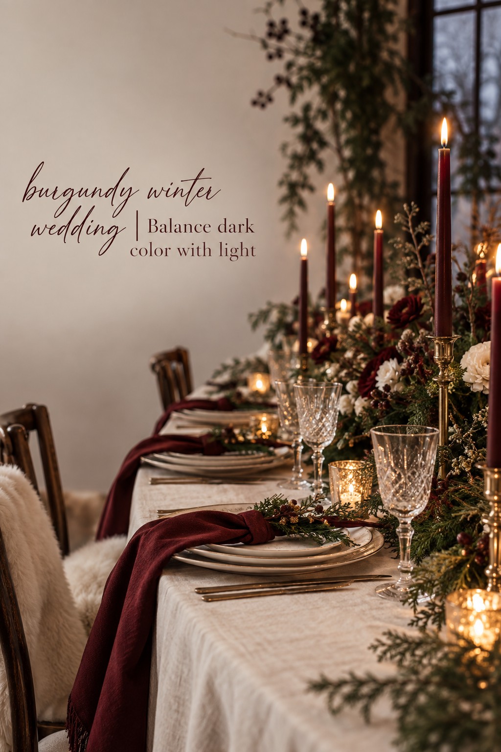 burgundy winter wedding reception table with cream linen and candles