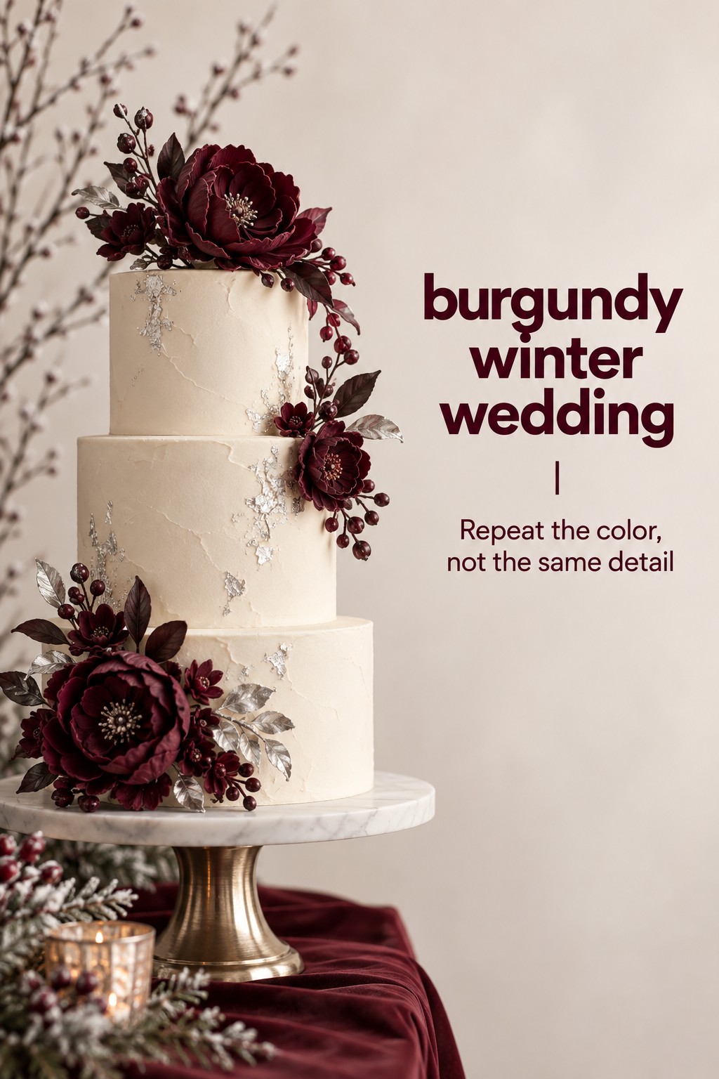 burgundy winter wedding cake with ivory buttercream and silver detail