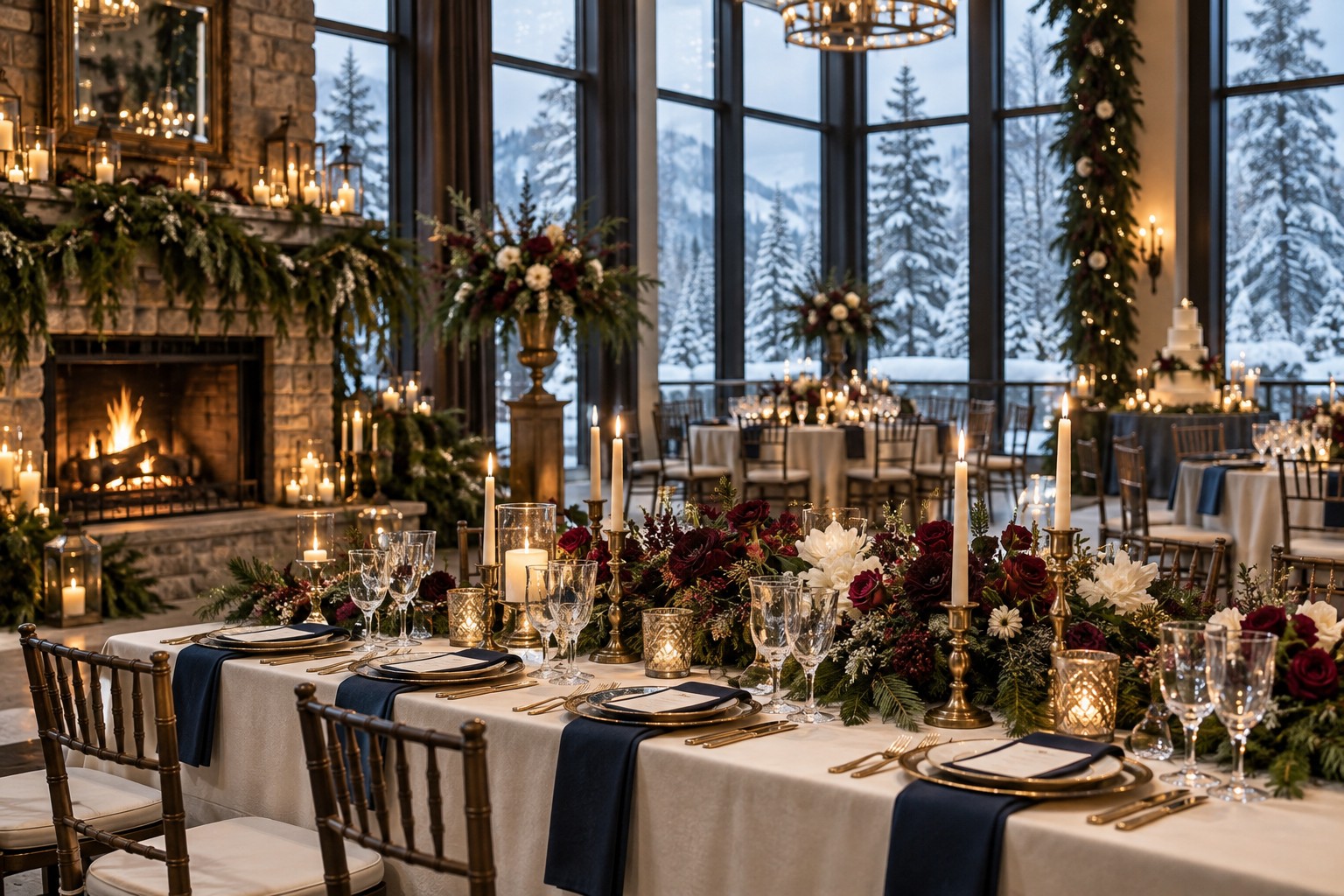 burgundy winter wedding reception with cream tables and snowy windows