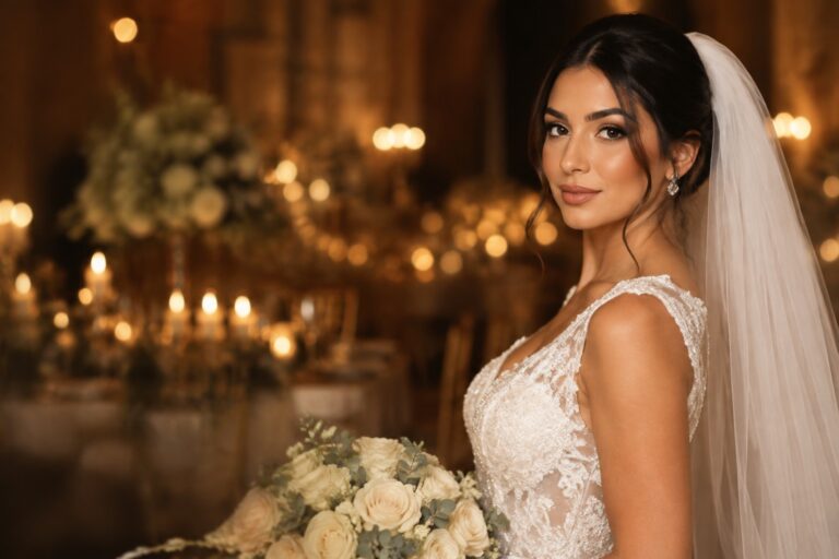 camera makeup bridal portrait in warm reception light