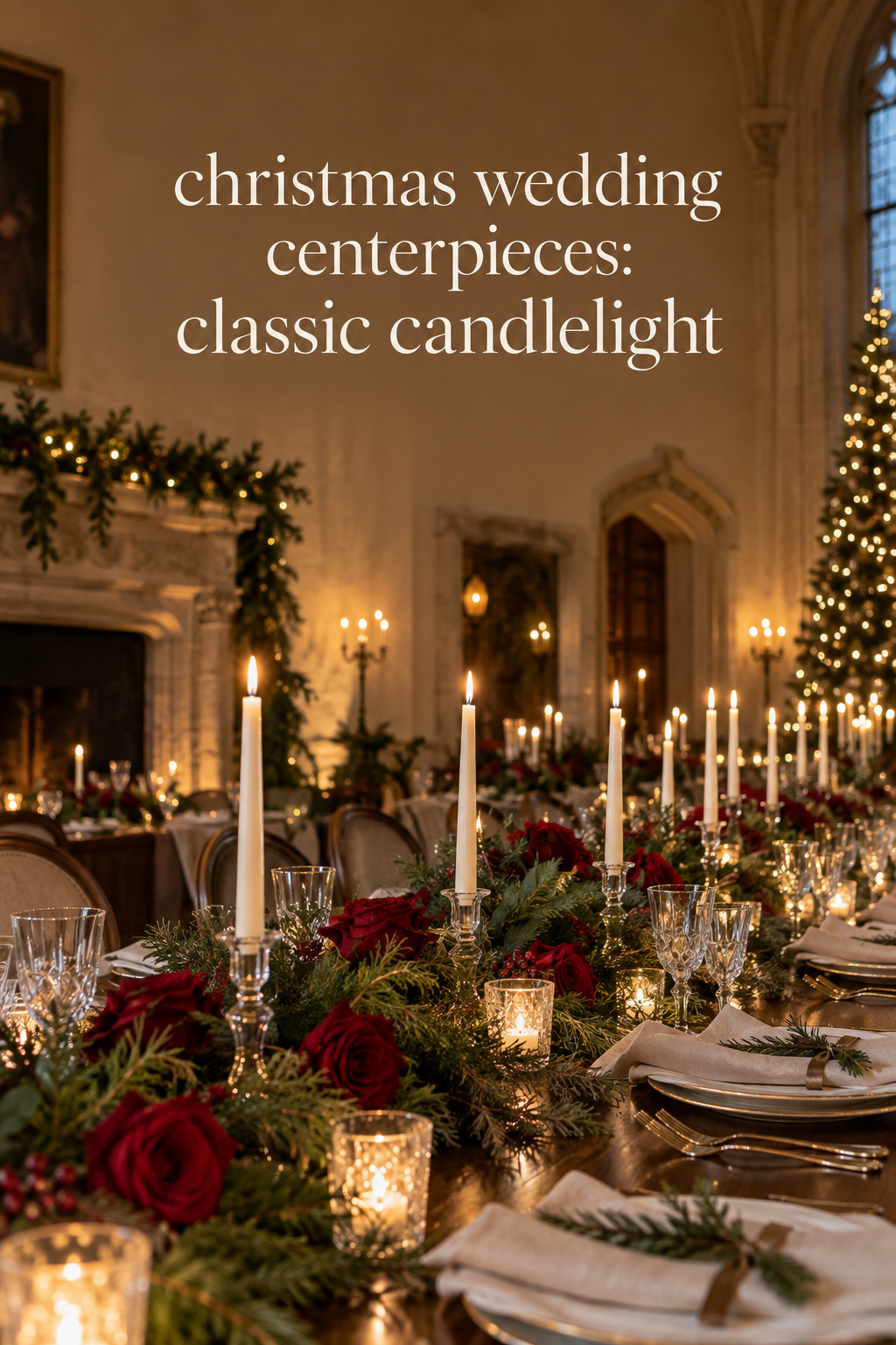 christmas wedding centerpieces with red roses, evergreen garland, and ivory taper candles on an elegant reception table