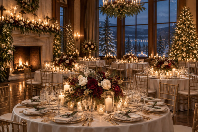 christmas wedding centerpieces with burgundy flowers, evergreen, candles, and gold glass in a winter reception room