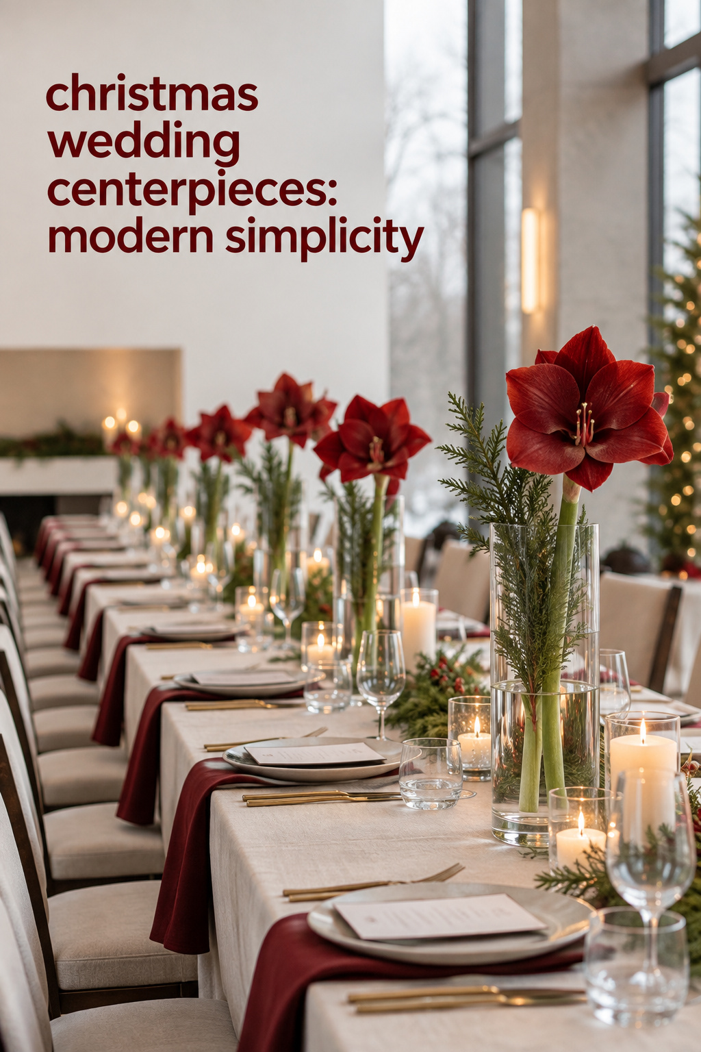 christmas wedding centerpieces with repeated red amaryllis in clear cylinders along a modern banquet table