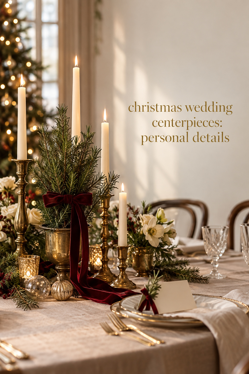 christmas wedding centerpieces with heirloom brass candlesticks, ornaments, rosemary, and velvet ribbon