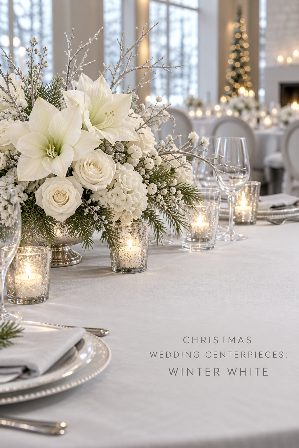 christmas wedding centerpieces with ivory amaryllis, white roses, silver branches, and mercury glass