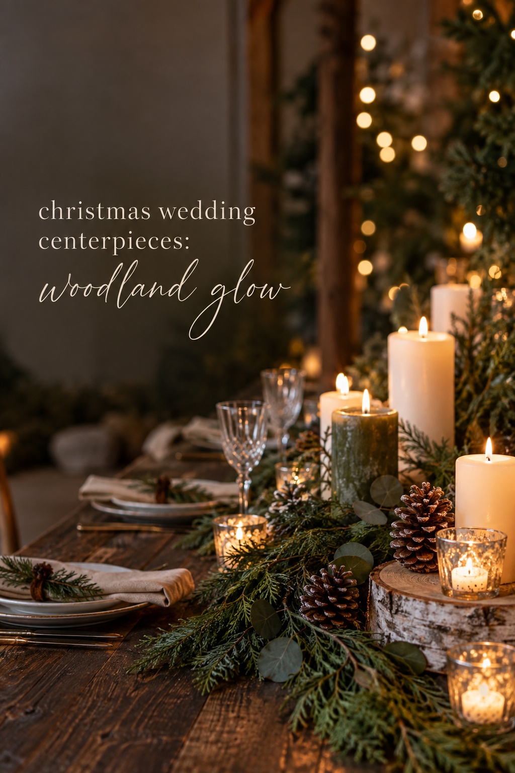 christmas wedding centerpieces with cedar, pinecones, birch, and candles on a dark woodland wedding table