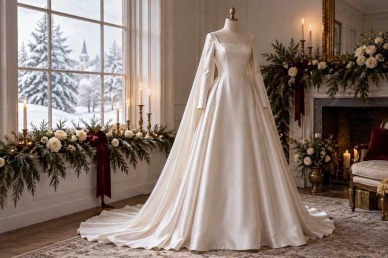 Christmas wedding dress in ivory satin beside snowy window, evergreen, roses, and candlelight
