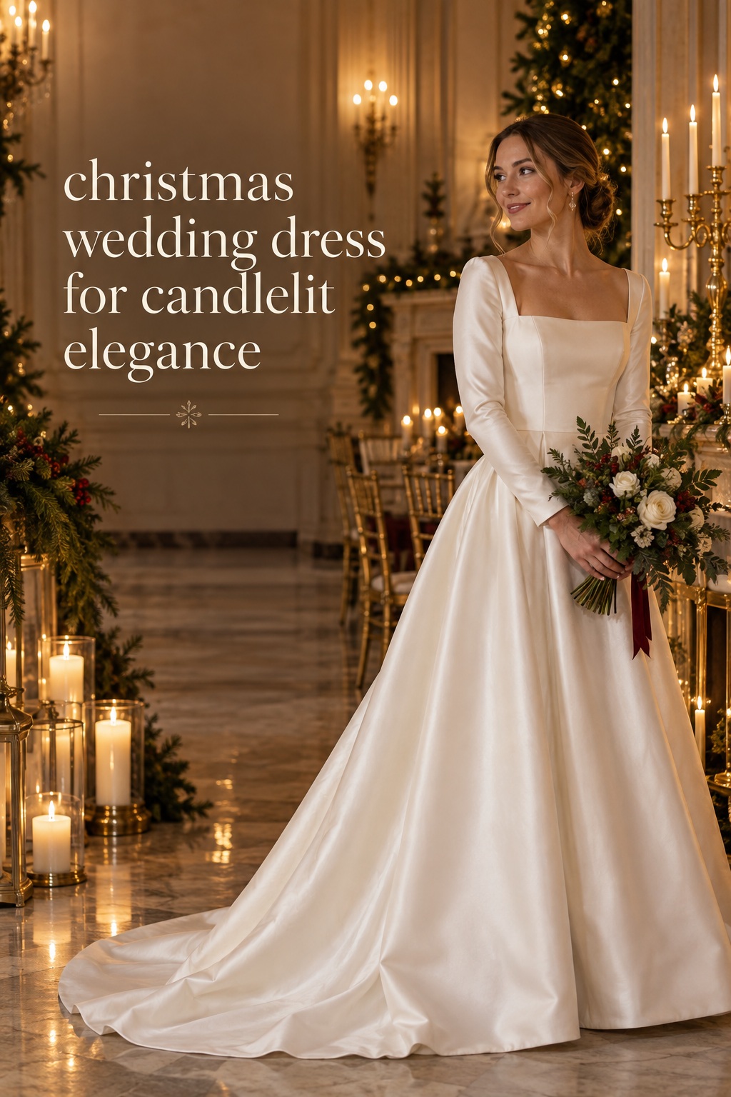christmas wedding dress for candlelit ballroom elegance with ivory satin and long sleeves