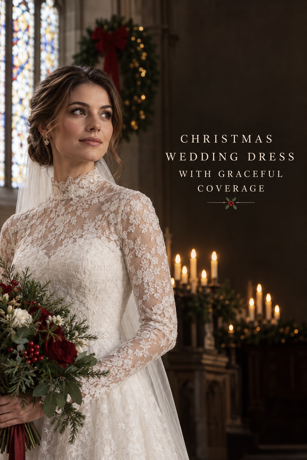 christmas wedding dress with graceful lace coverage and high neckline for a church ceremony