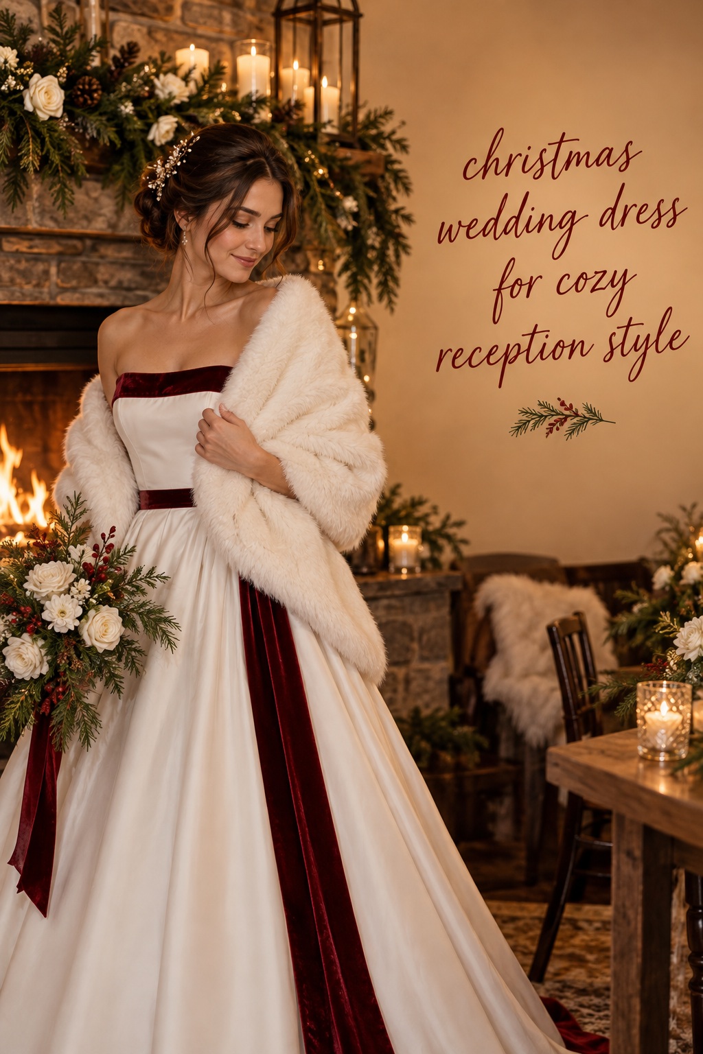 christmas wedding dress with faux-fur wrap for a cozy lodge reception style