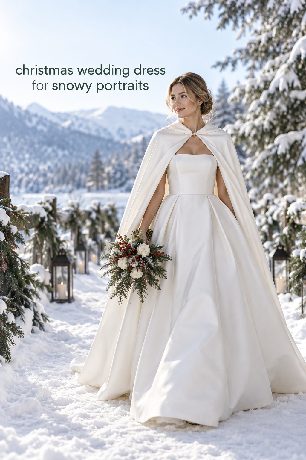 christmas wedding dress with detachable cape for snowy outdoor portraits