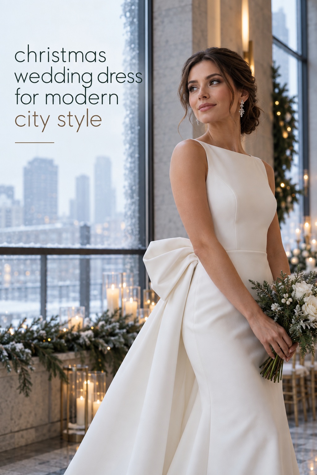 christmas wedding dress in silk crepe with sculptural bow for modern city style