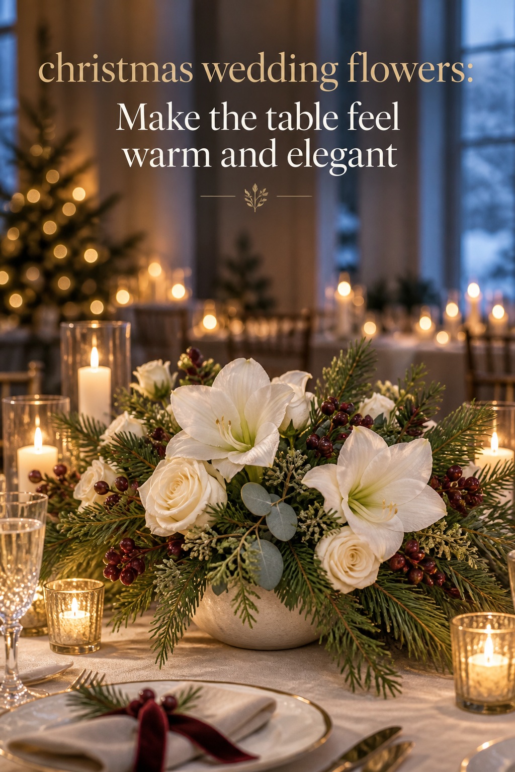 Christmas wedding flowers in an ivory and evergreen candlelit centerpiece