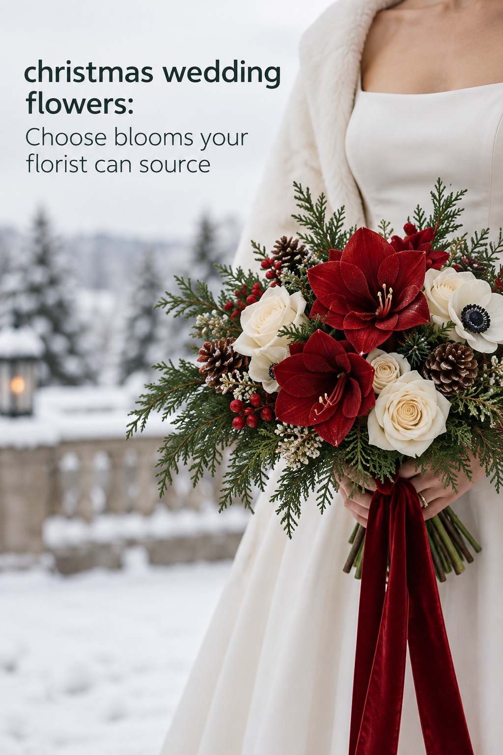 Christmas wedding flowers bouquet with amaryllis roses pine and velvet ribbon