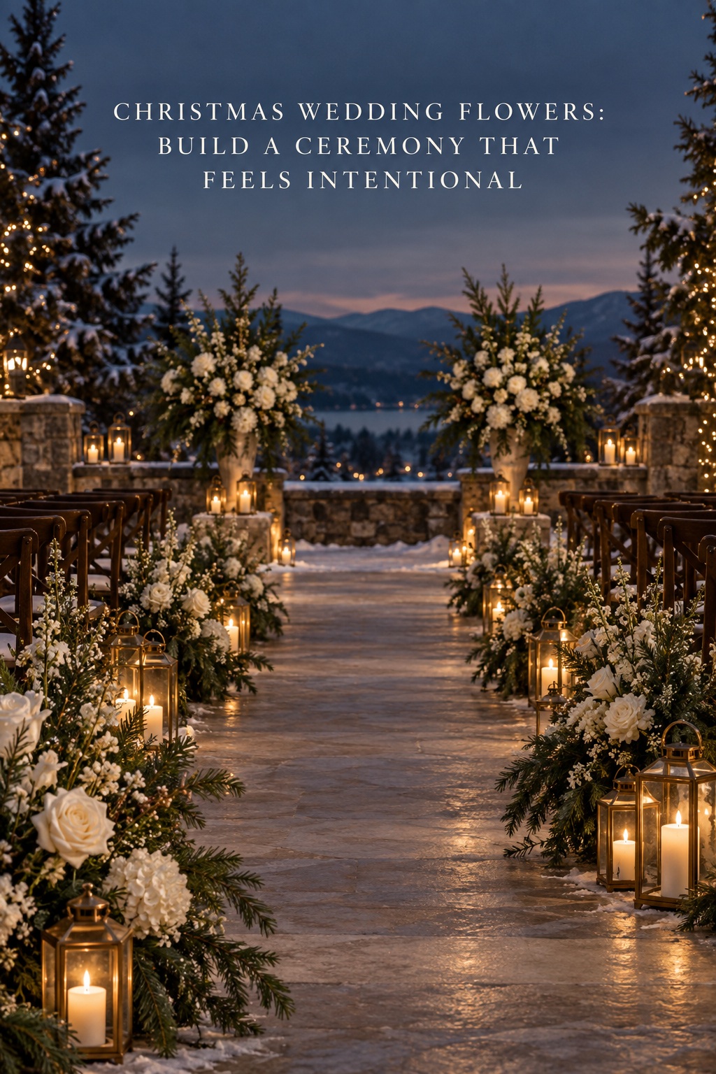 Christmas wedding flowers lining a candlelit outdoor winter ceremony aisle