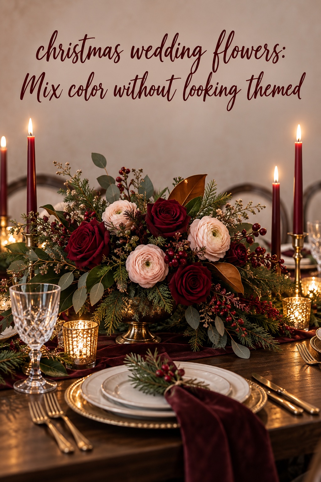 Christmas wedding flowers in a burgundy blush and evergreen reception centerpiece