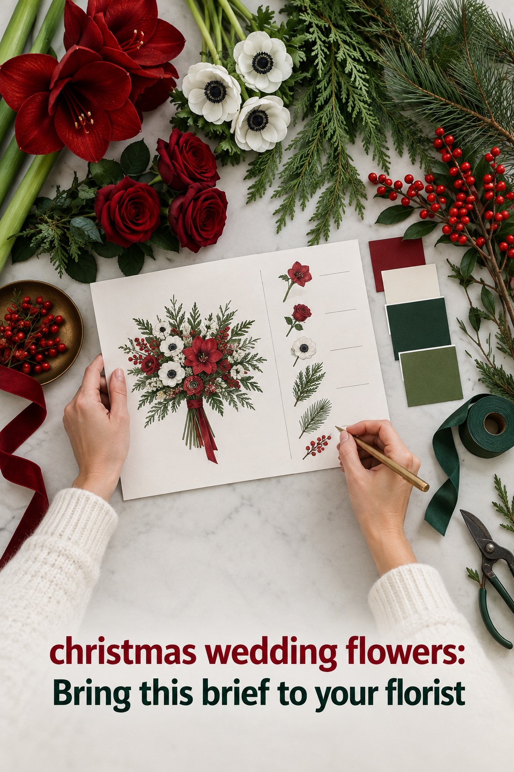 Christmas wedding flowers florist planning brief with seasonal stems and color swatches
