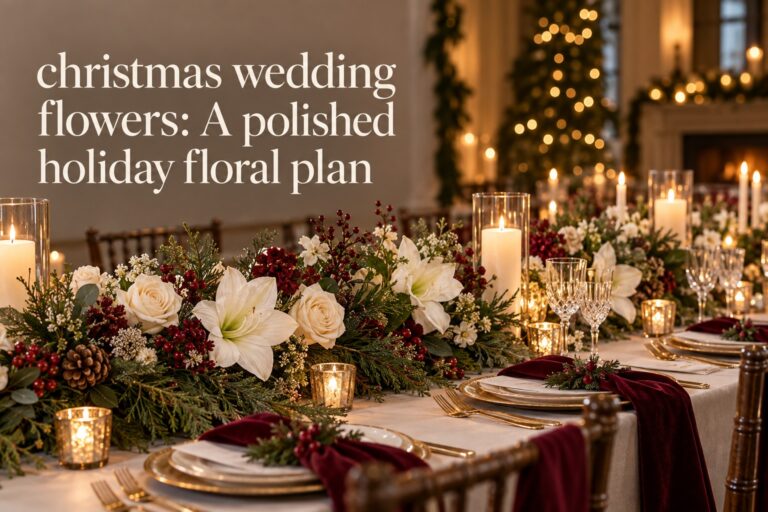 Christmas wedding flowers in a polished ivory burgundy and evergreen reception design