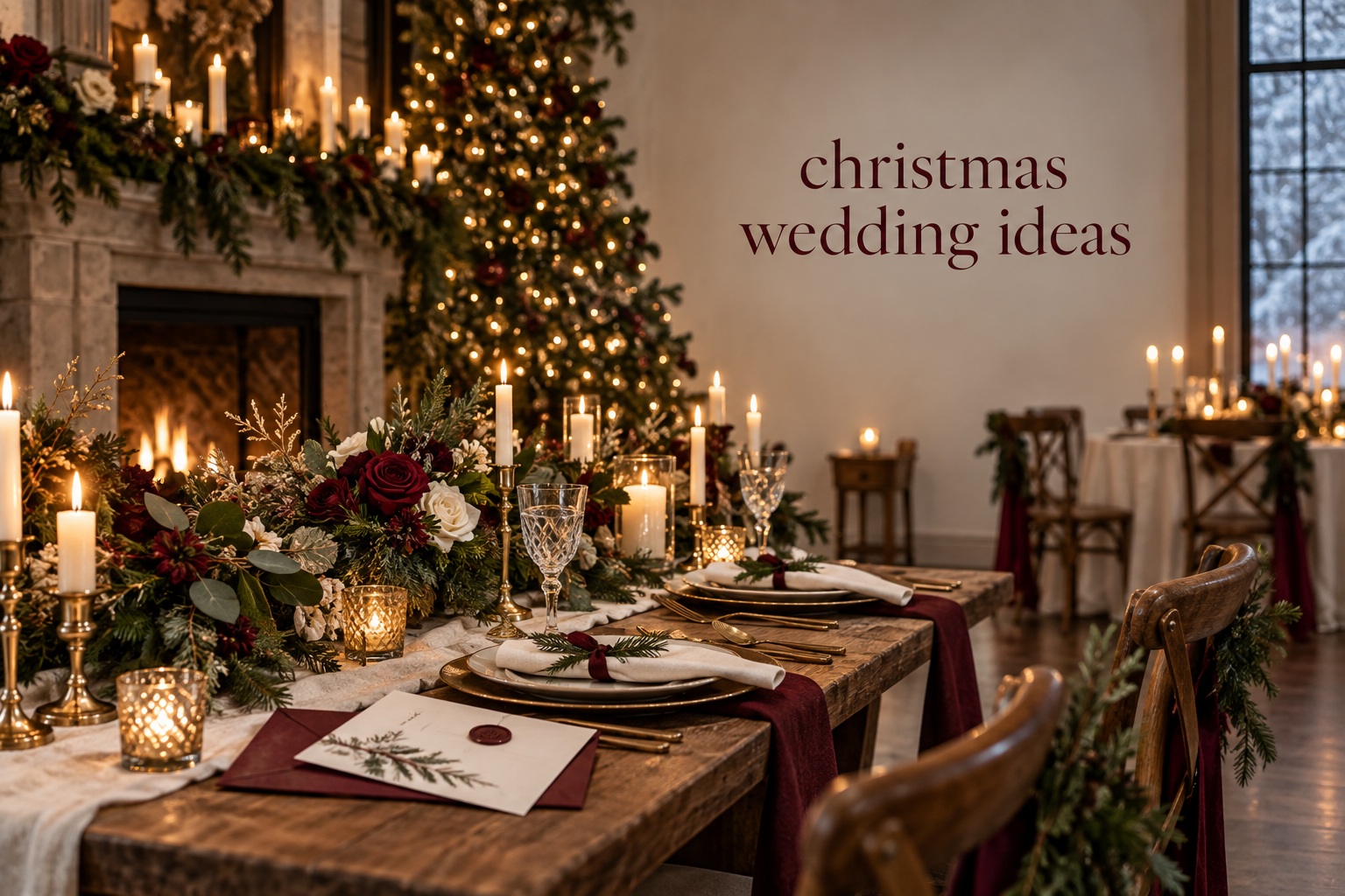 christmas wedding ideas candlelit reception with ivory evergreen burgundy and brass details