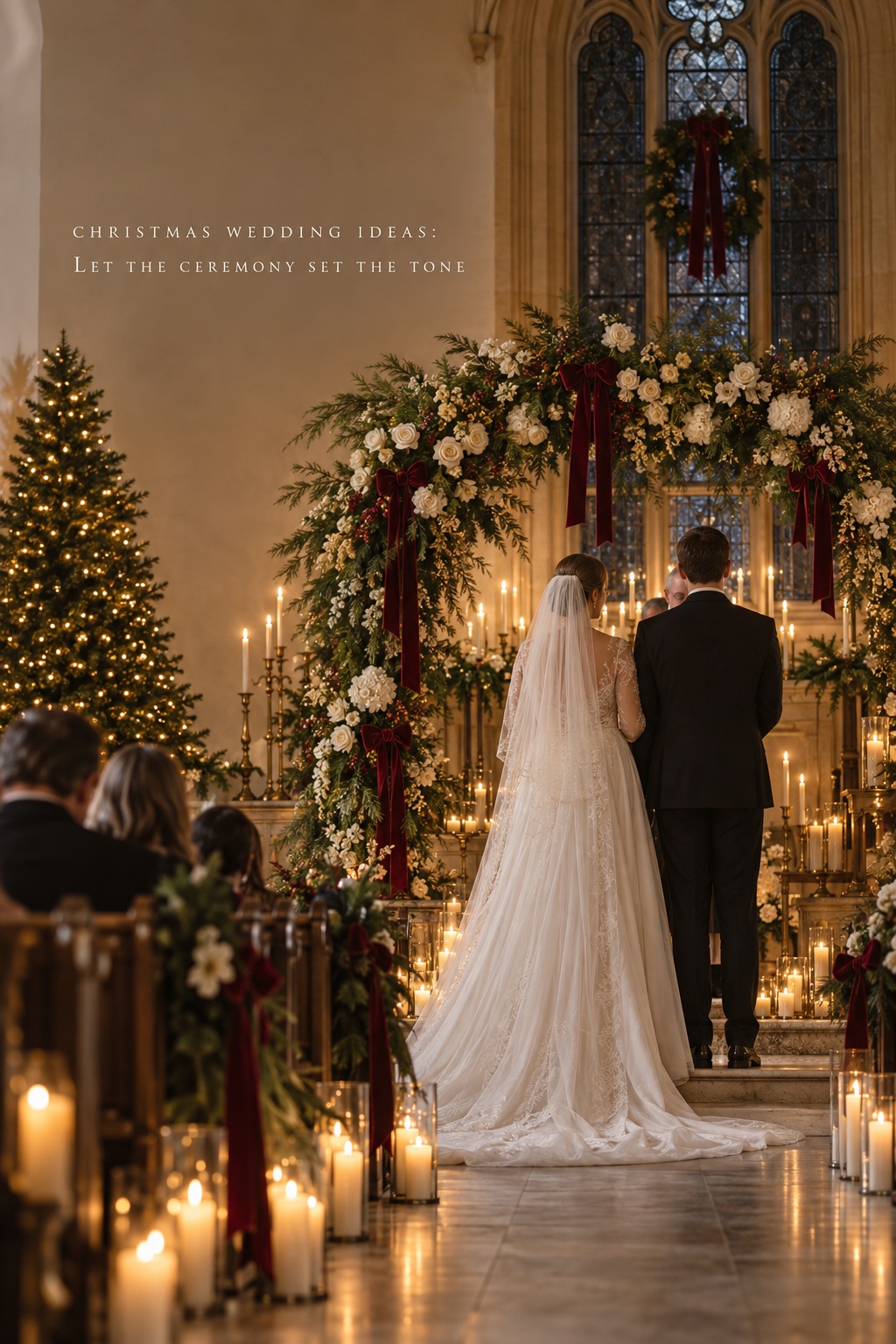 christmas wedding ideas invitation capsule with evergreen and burgundy velvet ribbon