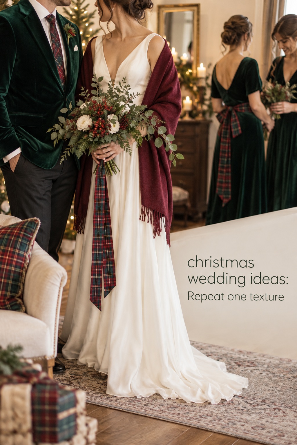 christmas wedding ideas candlelit ceremony with evergreen arch and burgundy ribbon
