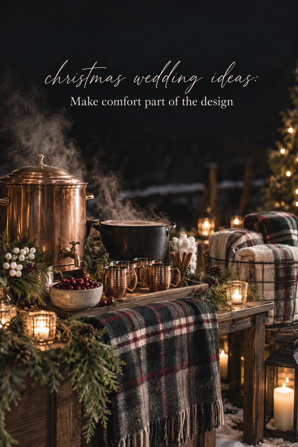 christmas wedding ideas warm cocktail station with cider cocoa blankets and evergreen