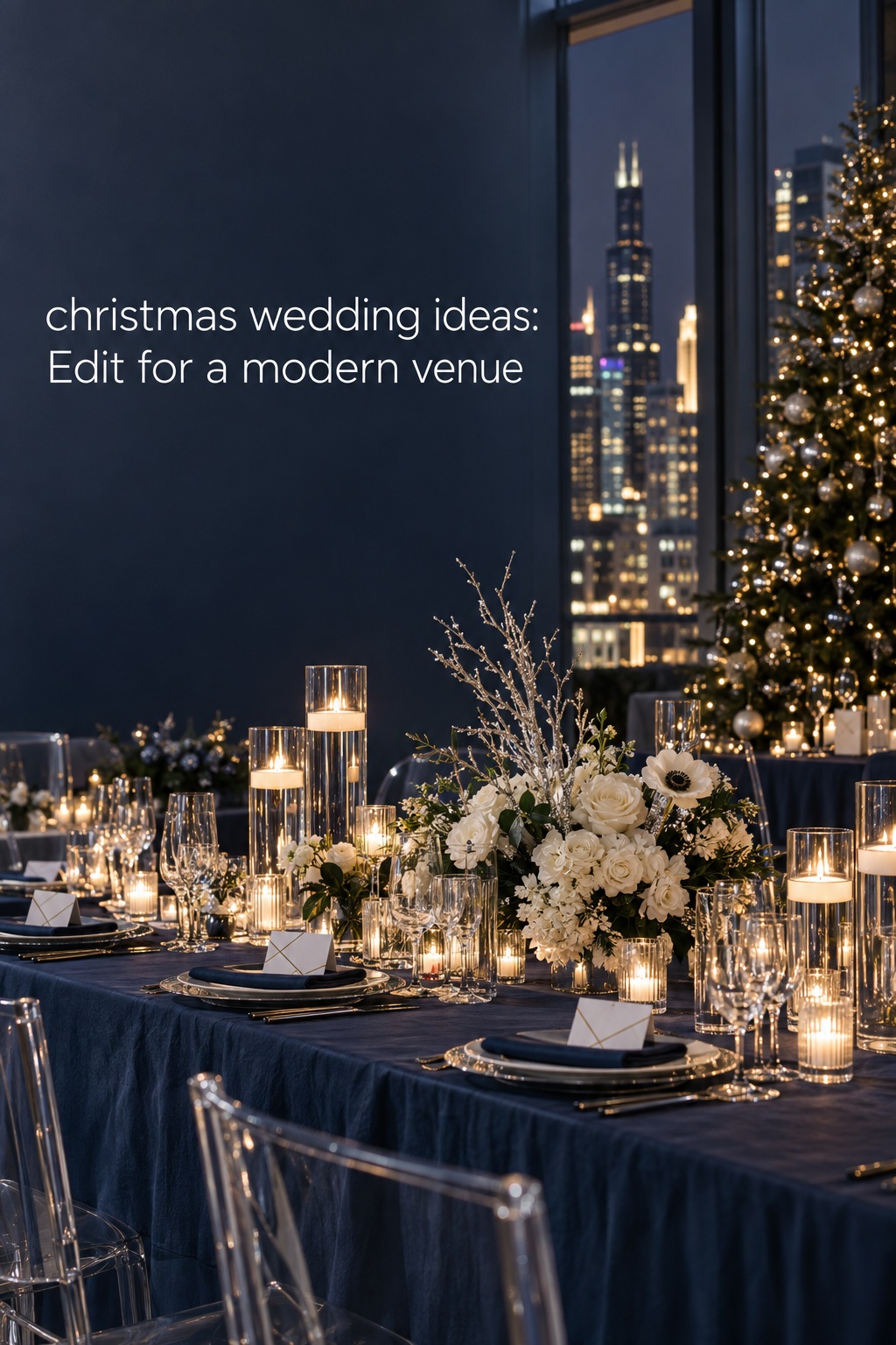 christmas wedding ideas modern city reception with midnight blue silver glass and candles