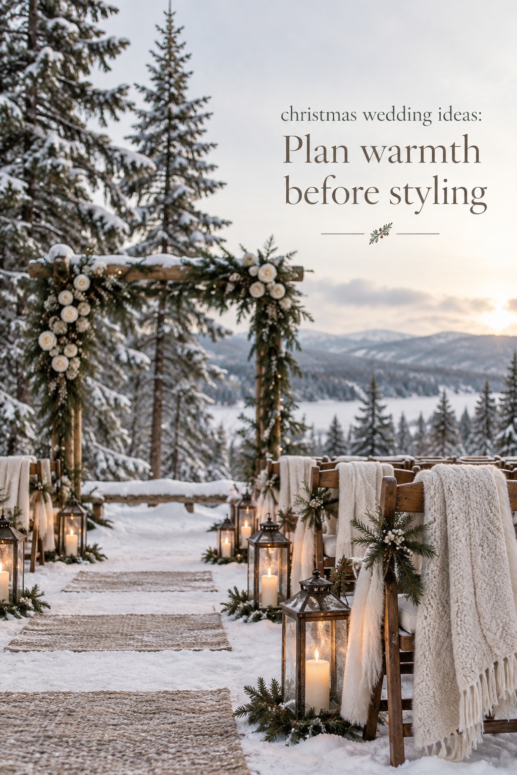christmas wedding ideas snowy outdoor ceremony with evergreen arch lanterns and bridal wrap