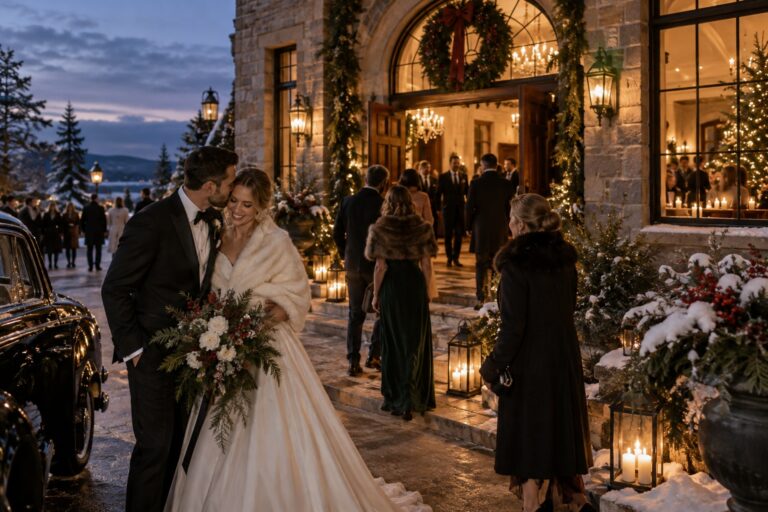 christmas wedding inspiration couple and guests arriving at a candlelit venue