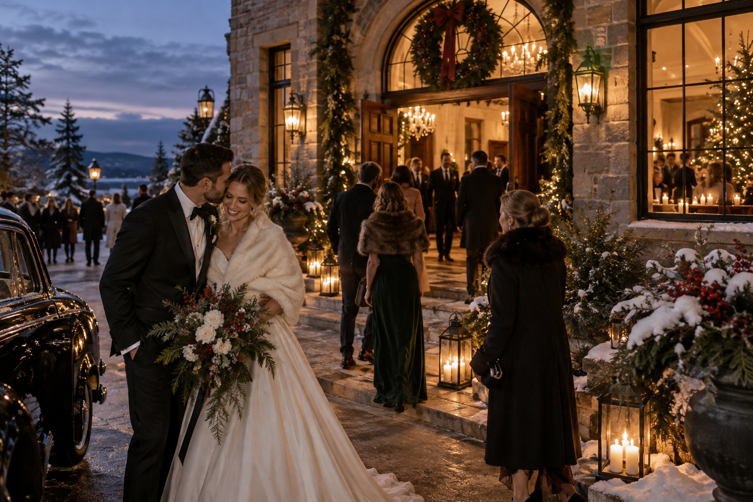 christmas wedding inspiration couple and guests arriving at a candlelit venue