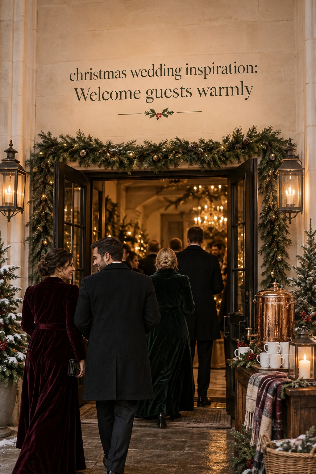 christmas wedding inspiration welcome entrance with evergreen and warm lights