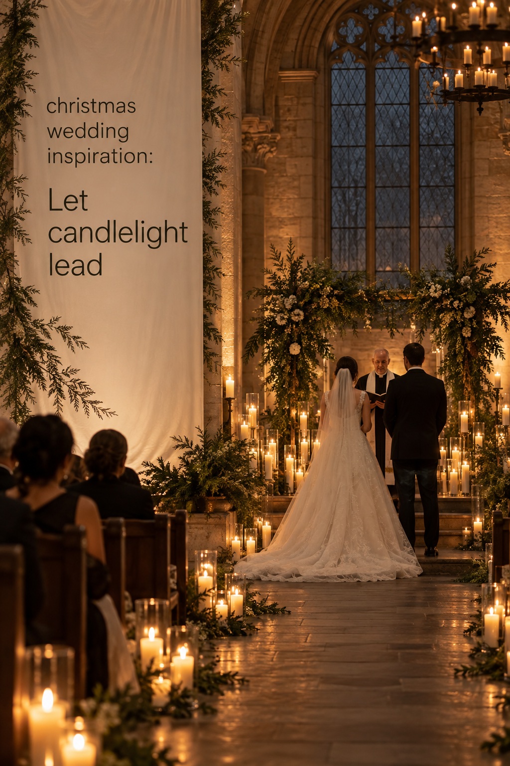 christmas wedding inspiration candlelit ceremony with evergreen altar