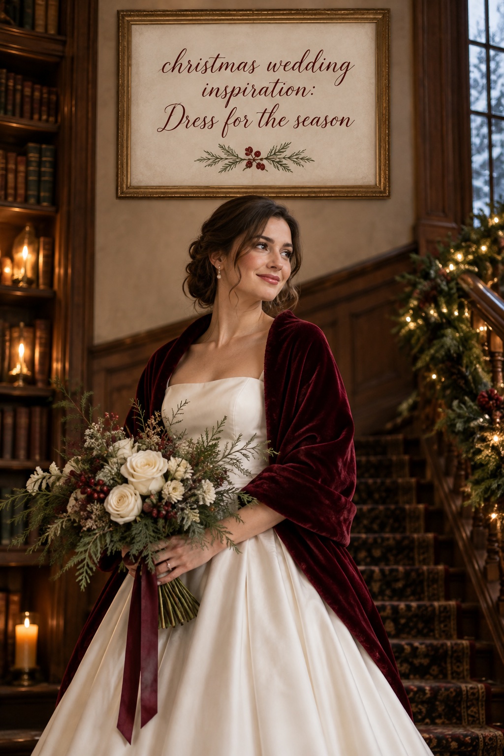 christmas wedding inspiration bride in berry velvet wrap and winter bouquet