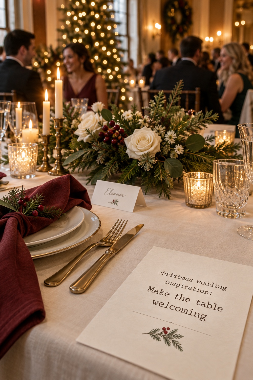 christmas wedding inspiration welcoming reception table with candles and berries