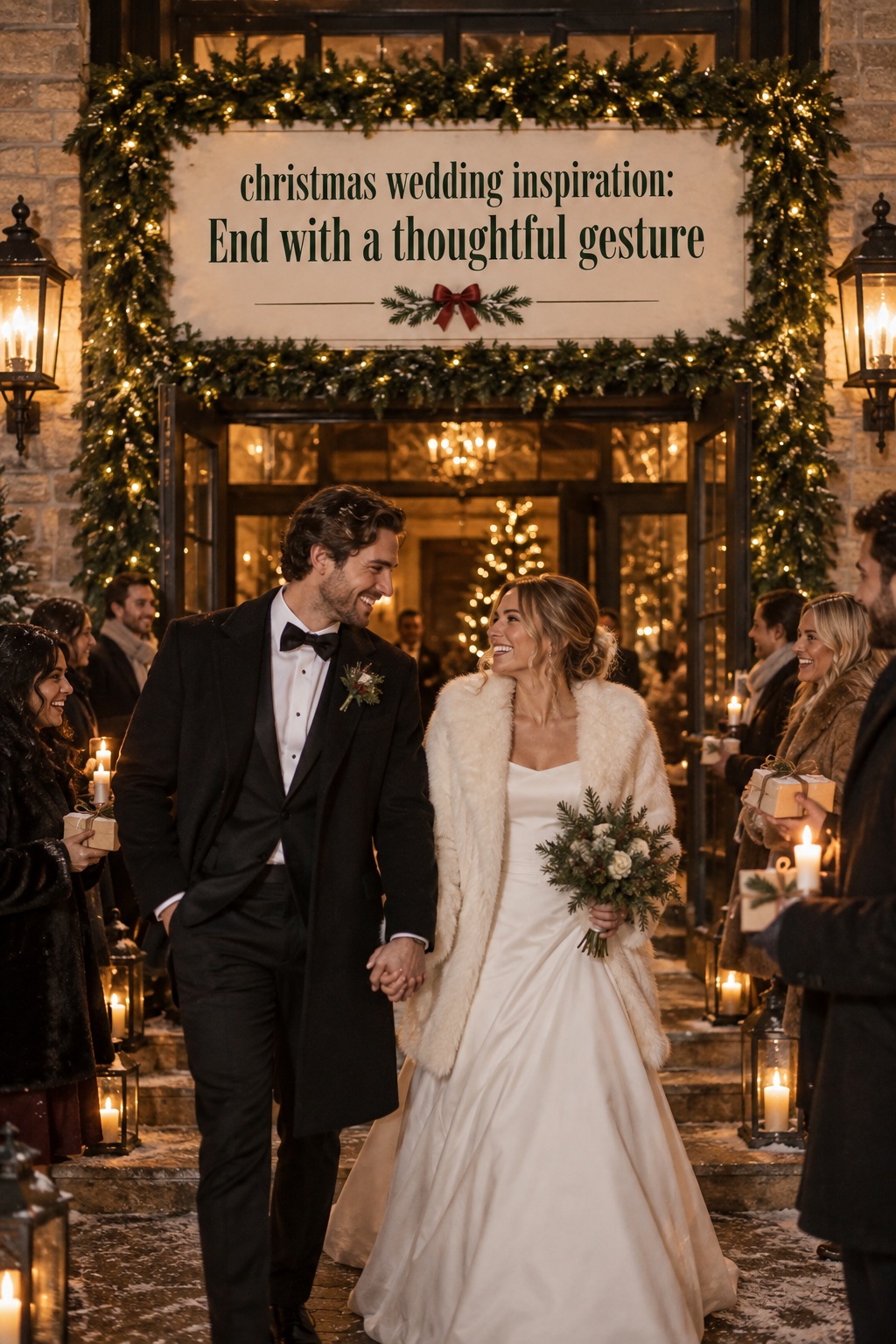 christmas wedding inspiration thoughtful farewell with couple and candlelit guests
