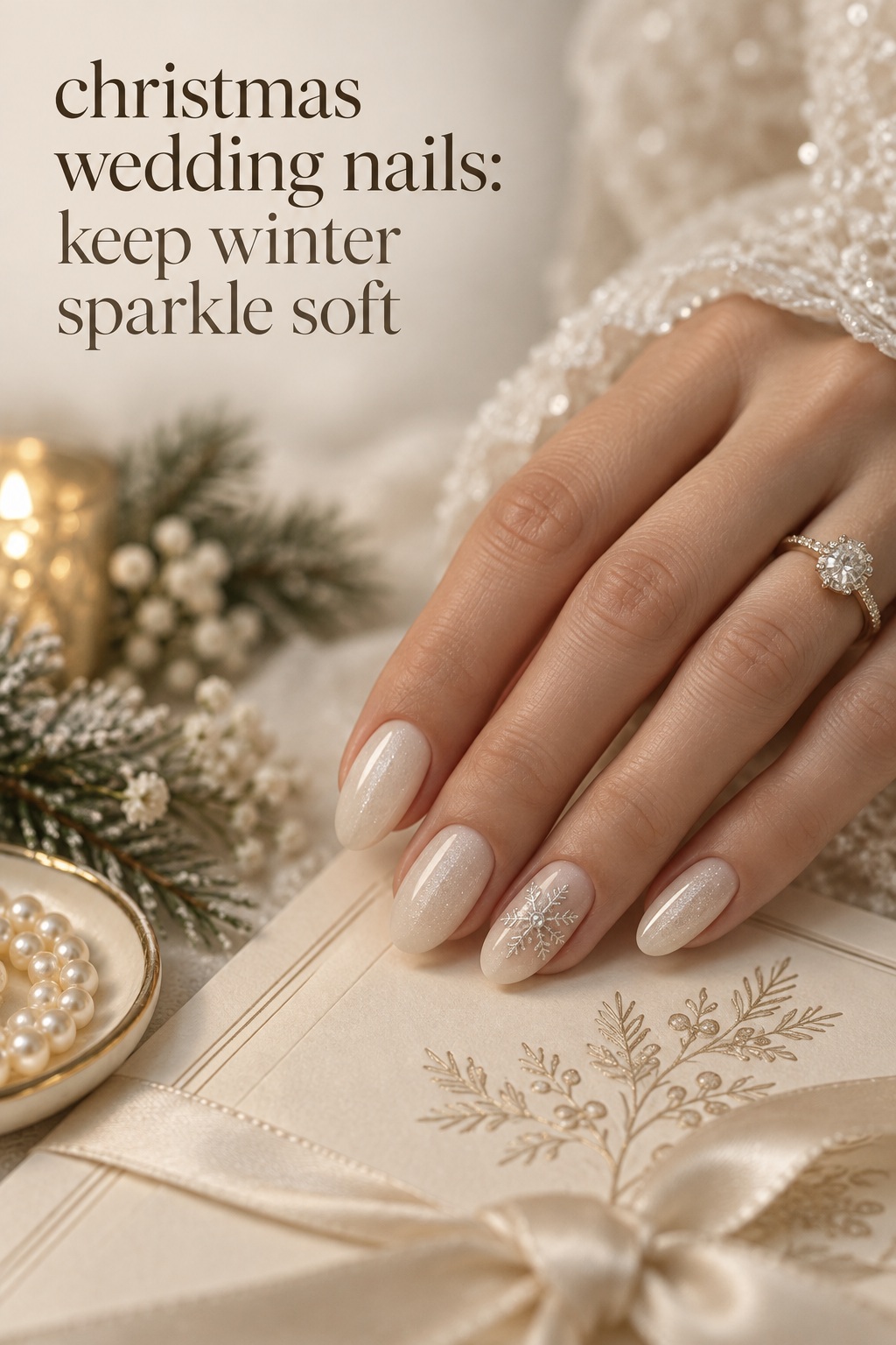 christmas wedding nails in milky ivory with a delicate snowflake