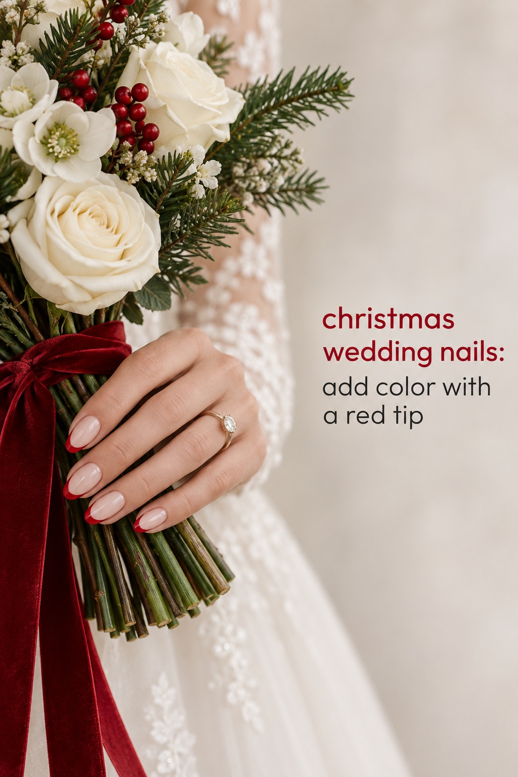 christmas wedding nails with cherry red French tips and winter bouquet