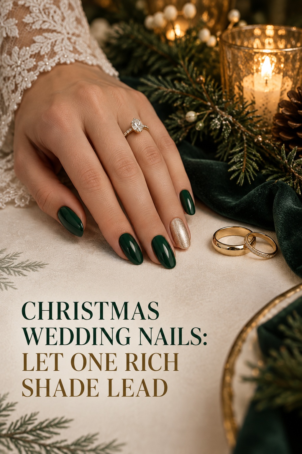 christmas wedding nails in glossy forest green with gold accent