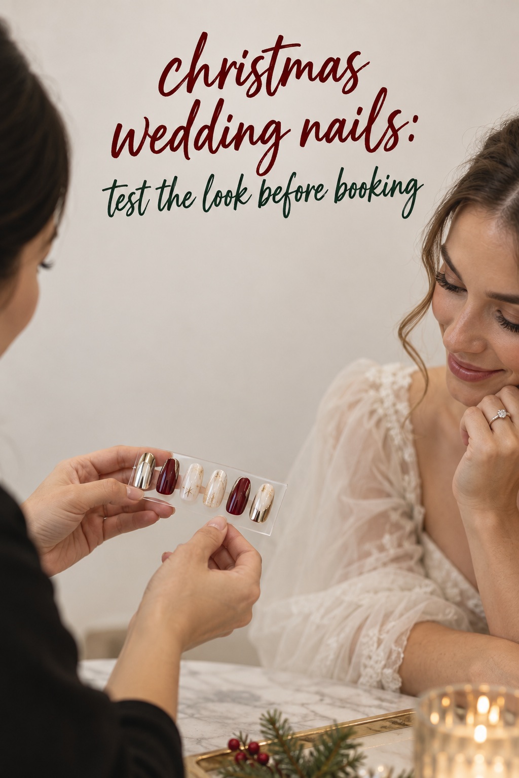 christmas wedding nails consultation with bridal manicure samples