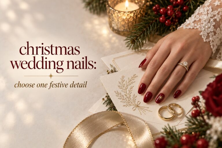 christmas wedding nails with cranberry polish and gold star accent