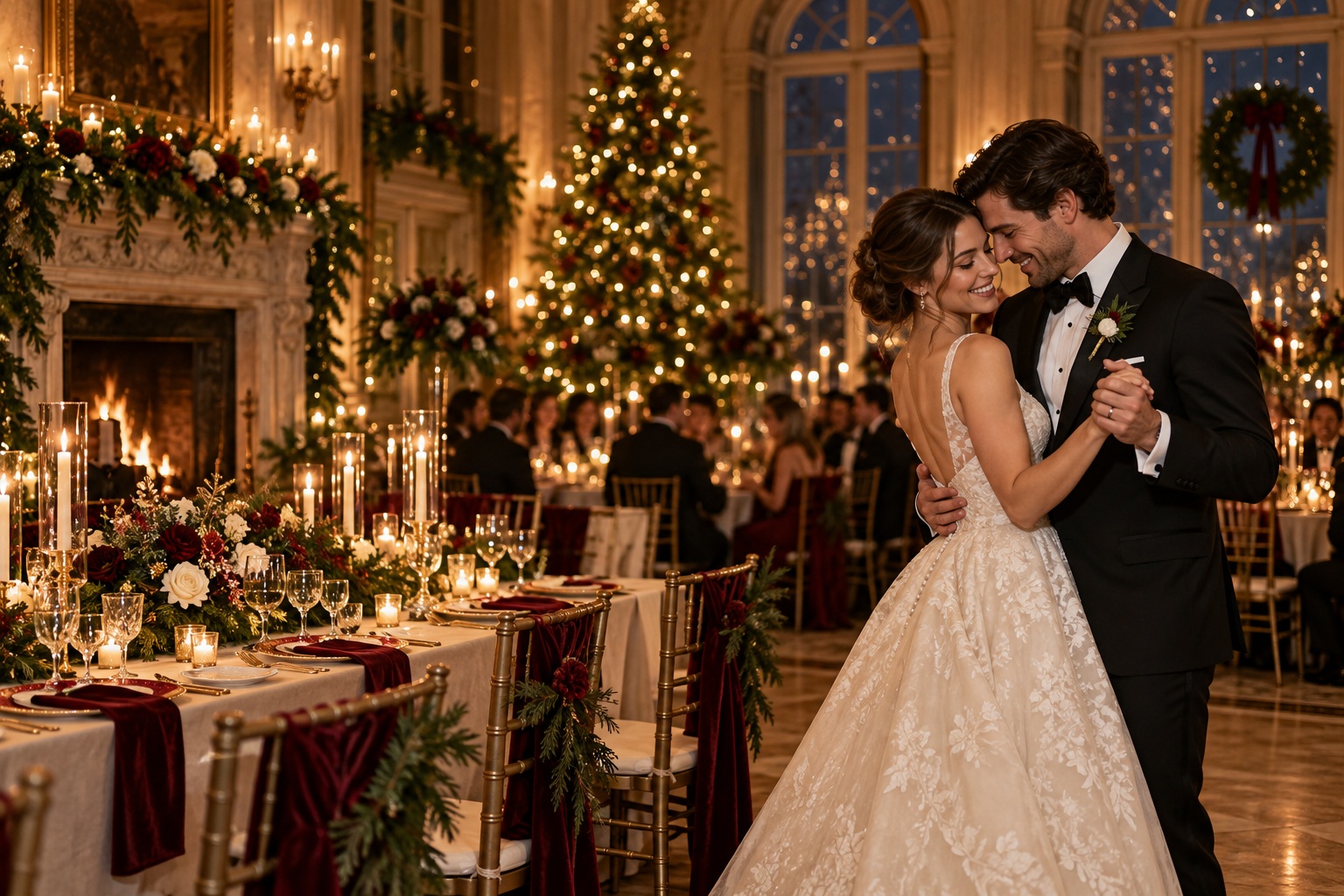christmas wedding reception ideas with a candlelit ballroom and dancing couple