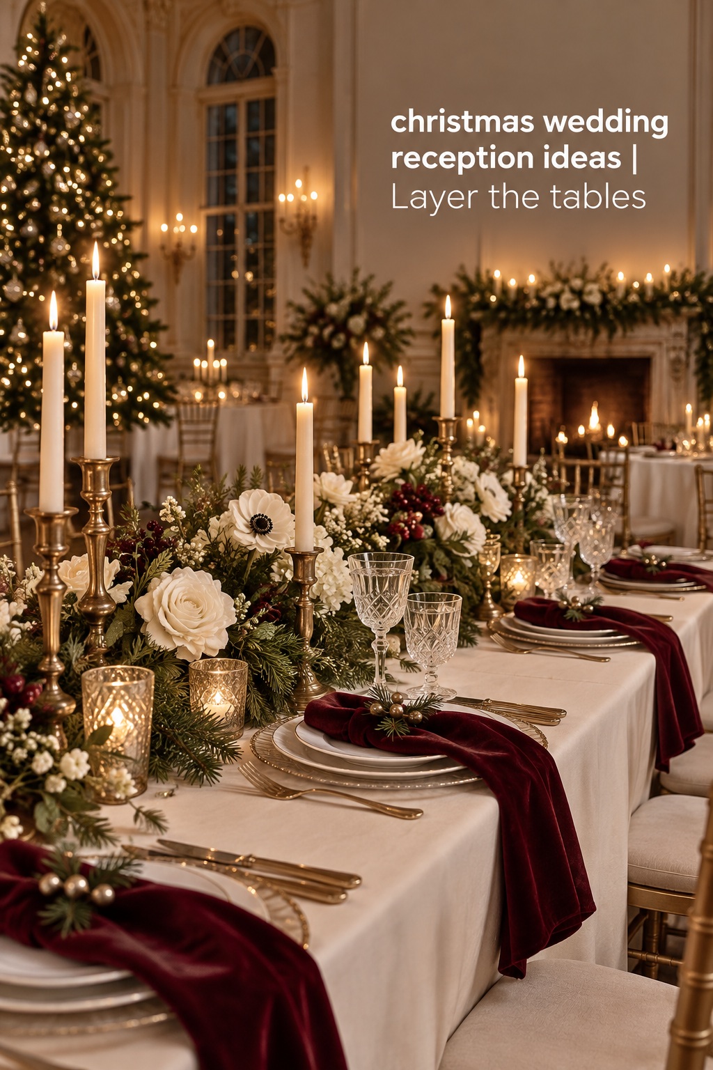 christmas wedding reception ideas with ivory linens evergreen and burgundy velvet